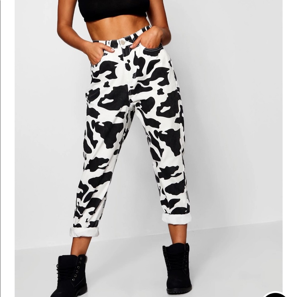Boohoo cow print denim mom jeans